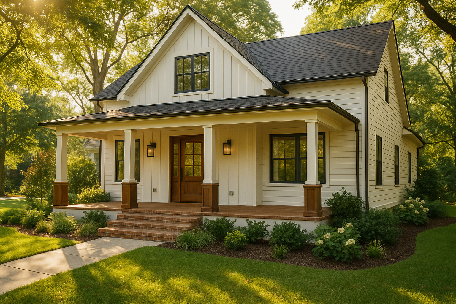 A happy family standing in front of their new home, symbolizing successful home buying.